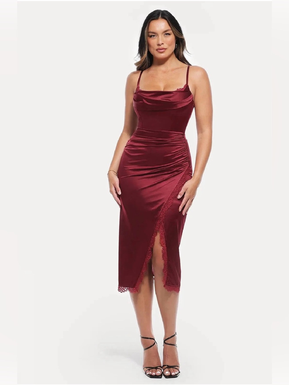 Popilush Lace Trim Sculpting Floral-Print Midi Dress